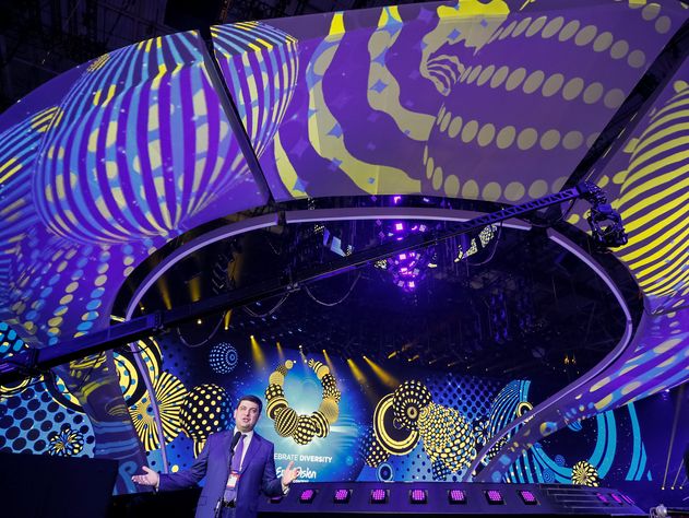 Ukrainian PM Groysman speaks with journalists as he visits the IEC, the arena for the Eurovision Song Contest 2017, in Kiev