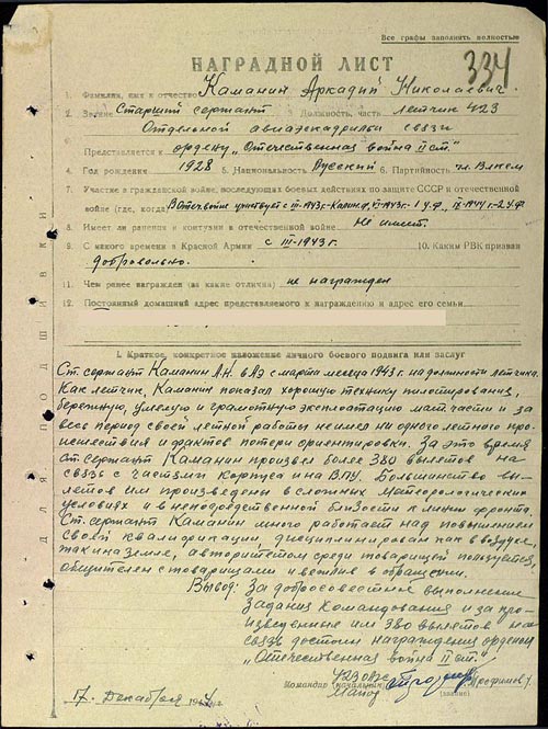 Наградной лист Аркадия Каманина на представление к ордену «Отечественная война II степени» от 1944 г. Тогда юный летчик получил «Красную звезду». Источник: wikipedia.org