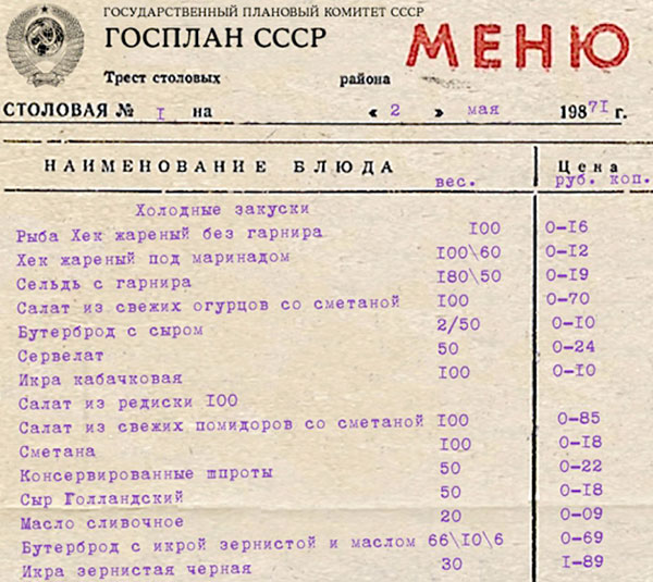 Так дешево стоило питание не только в столовой Госплана, но и на всех предприятиях страны