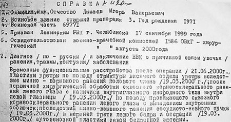 СПРАВКА О РАНЕНИИ ПРАПОРЩИКА ДЫШАЕВА: стала страшным приговором о бездетности